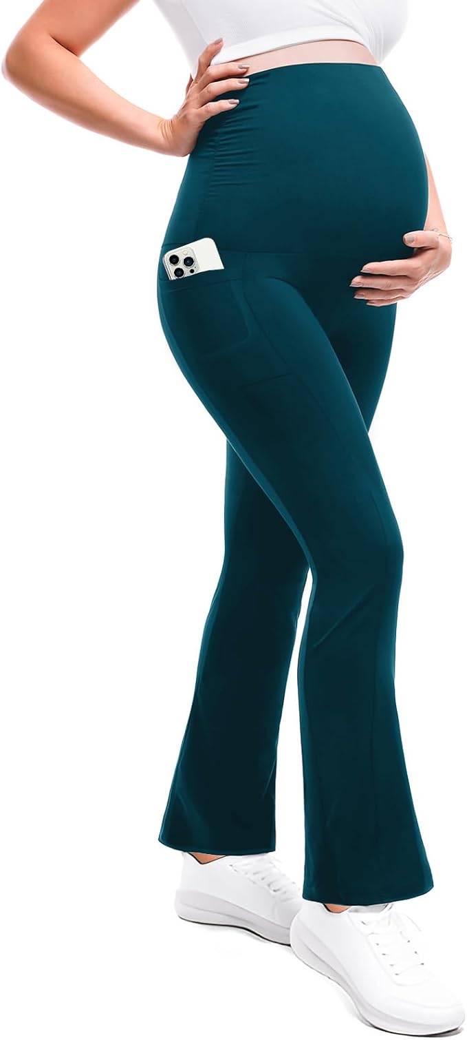 Leafigure Maternity Flare Leggings with Pockets Over The Belly Yoga Pants for Workout Soft Pregnancy Activewear