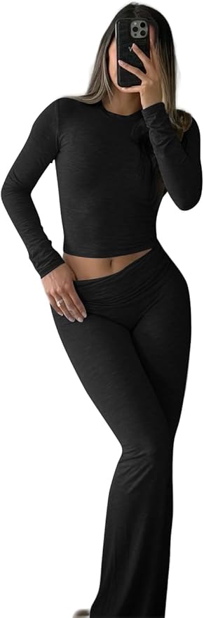 ZFLM Casual Workout Two Piece Outfits Long Sleeve High Waist Fold-Over Flared Leggings Pants Tracksuit Sets Streetwear