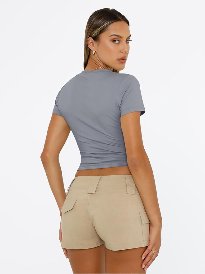 Trendy Queen Womens Short Sleeve T Shirts - Buttery Soft Summer Crop Tops Slim Fit Y2k Basic Tees for Workout
