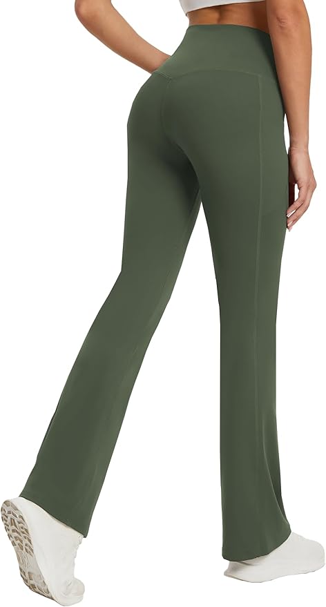 DLOODA Women's Yoga Pants with Pockets No Front Seam Crossover High Waisted Flare Leggings Tummy Control Bootcut Pants