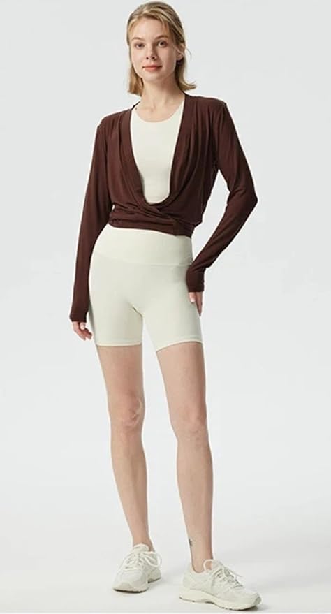 Yoga outfit with feminine temperament, cross V-neck, slimming effect, pleated waist, slim fit, sports long sleeved outfit