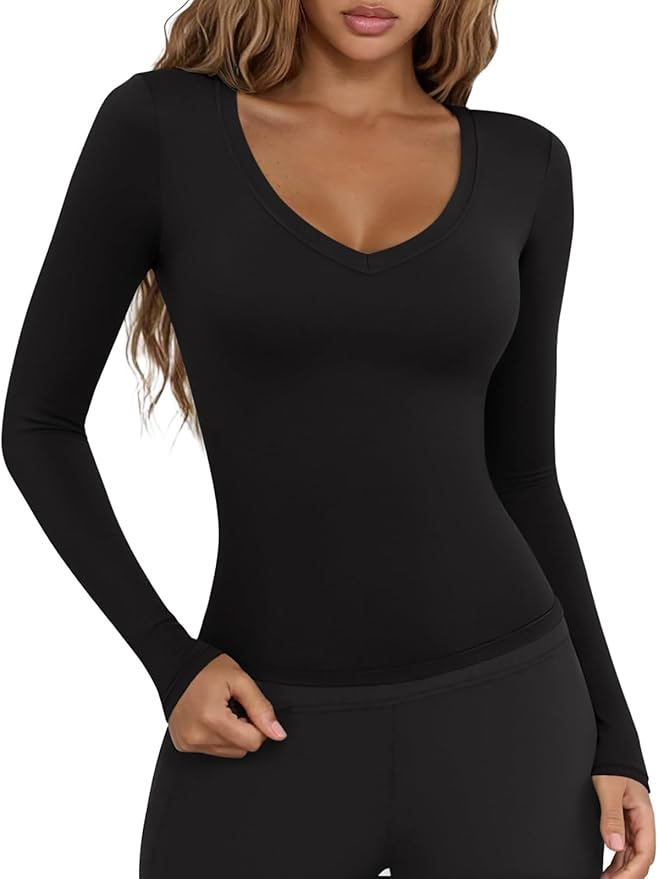 LASLULU Womens Long Sleeve Sexy V Neck T Shirts Basic Workout Tops Athletic Yoga Casual Crop Top