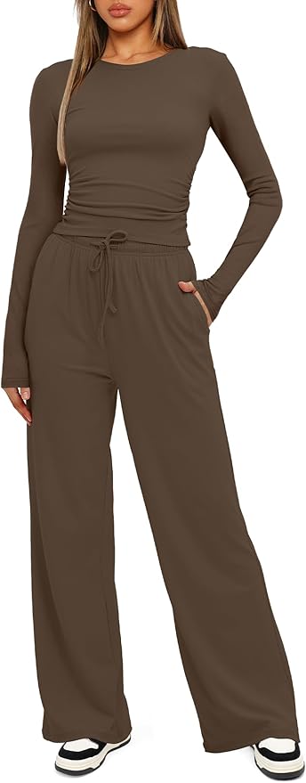 Darong Women's 2 Piece Outfits Lounge Sets 2026 Long Sleeve Tops Wide Leg Pants Casual Matching Set