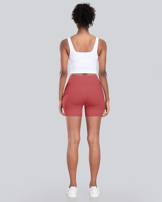 CHRLEISURE Womens Biker Yoga Shorts with Pocket, High Waisted Tummy Control 5 Inch Workout Spandex Athletic Gym Shorts