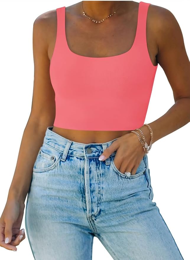 REORIA Women’s Sexy Square Neck Double Lined Seamless Sleeveless Cropped Tank Yoga Crop Basic Tops