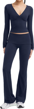 SUUKSESS Women 2 pieces Lounge Sets Long Sleeve V Neck Tops Fold Over Flare Leggings