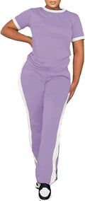 PINSV Women's 2 Piece Outfits Short Sleeve Tops Sweatpants Colorblock Bodycon Lounge Sets Tracksuit