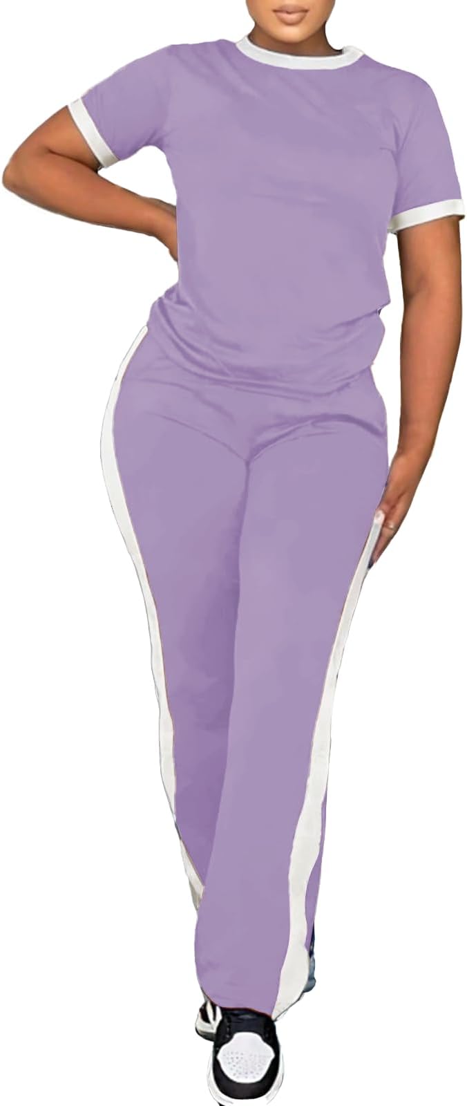 PINSV Women's 2 Piece Outfits Short Sleeve Tops Sweatpants Colorblock Bodycon Lounge Sets Tracksuit