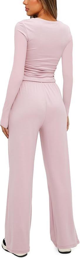 Darong Women's 2 Piece Outfits Lounge Sets 2026 Long Sleeve Tops Wide Leg Pants Casual Matching Set