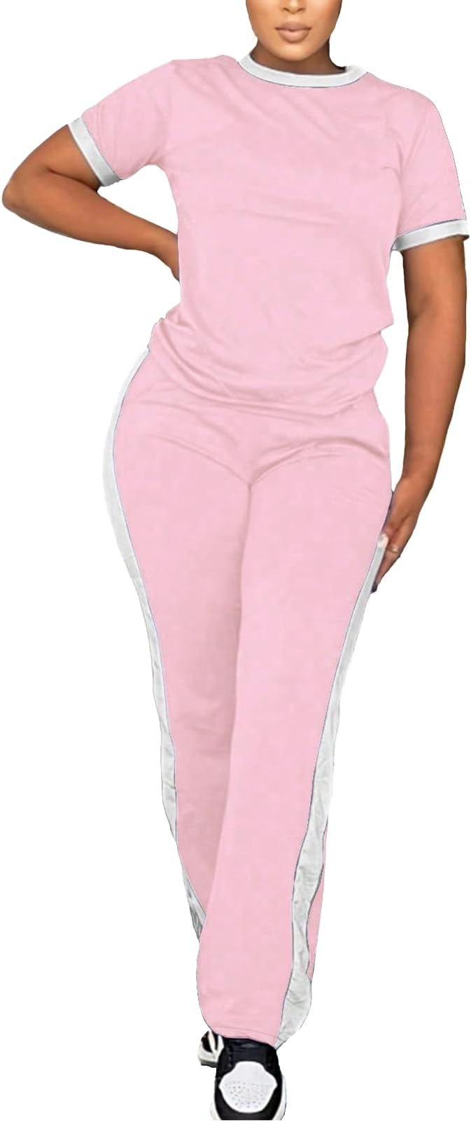 PINSV Women's 2 Piece Outfits Short Sleeve Tops Sweatpants Colorblock Bodycon Lounge Sets Tracksuit