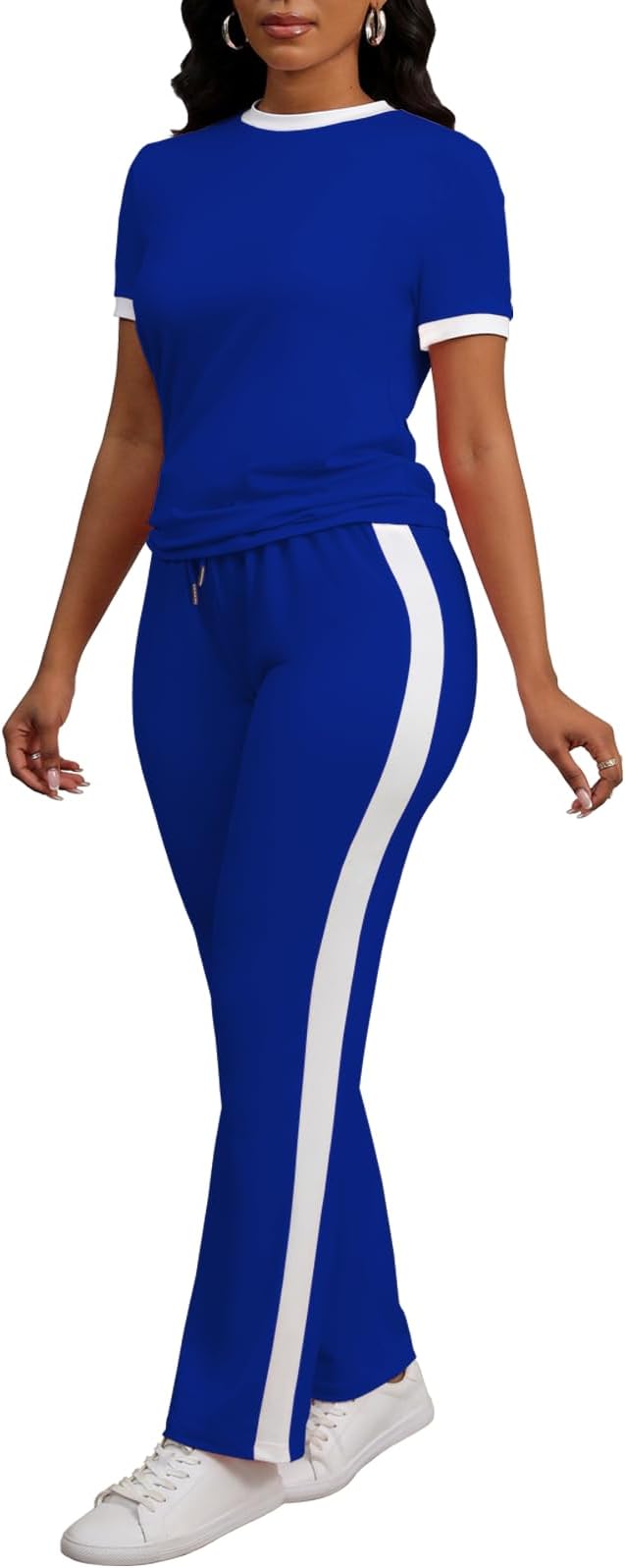 PINSV Women's 2 Piece Outfits Short Sleeve Tops Sweatpants Colorblock Bodycon Lounge Sets Tracksuit