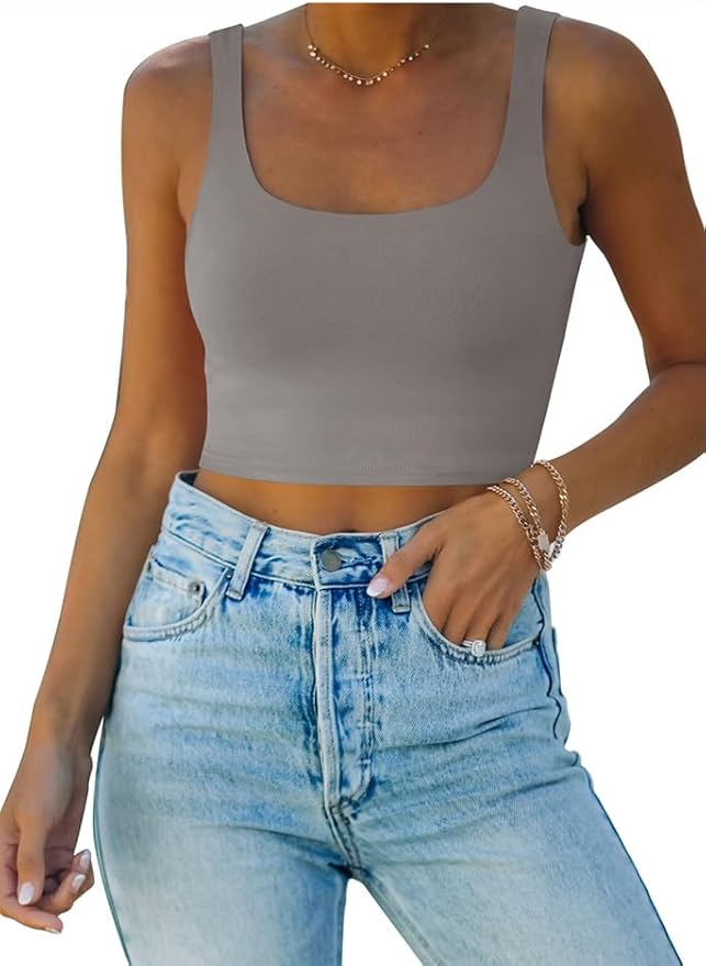 REORIA Women’s Sexy Square Neck Double Lined Seamless Sleeveless Cropped Tank Yoga Crop Basic Tops