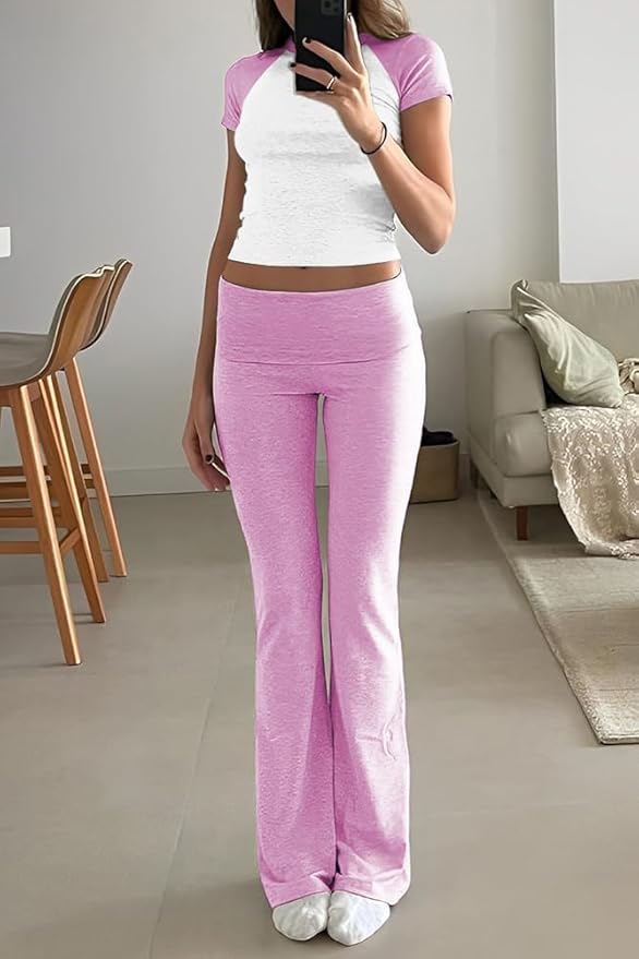 YETOWA Women's 2 Piece Lounge Outfits Slim Short Sleeve Tops Low Rise Flare Leggings Sets Yoga Sweatsuit