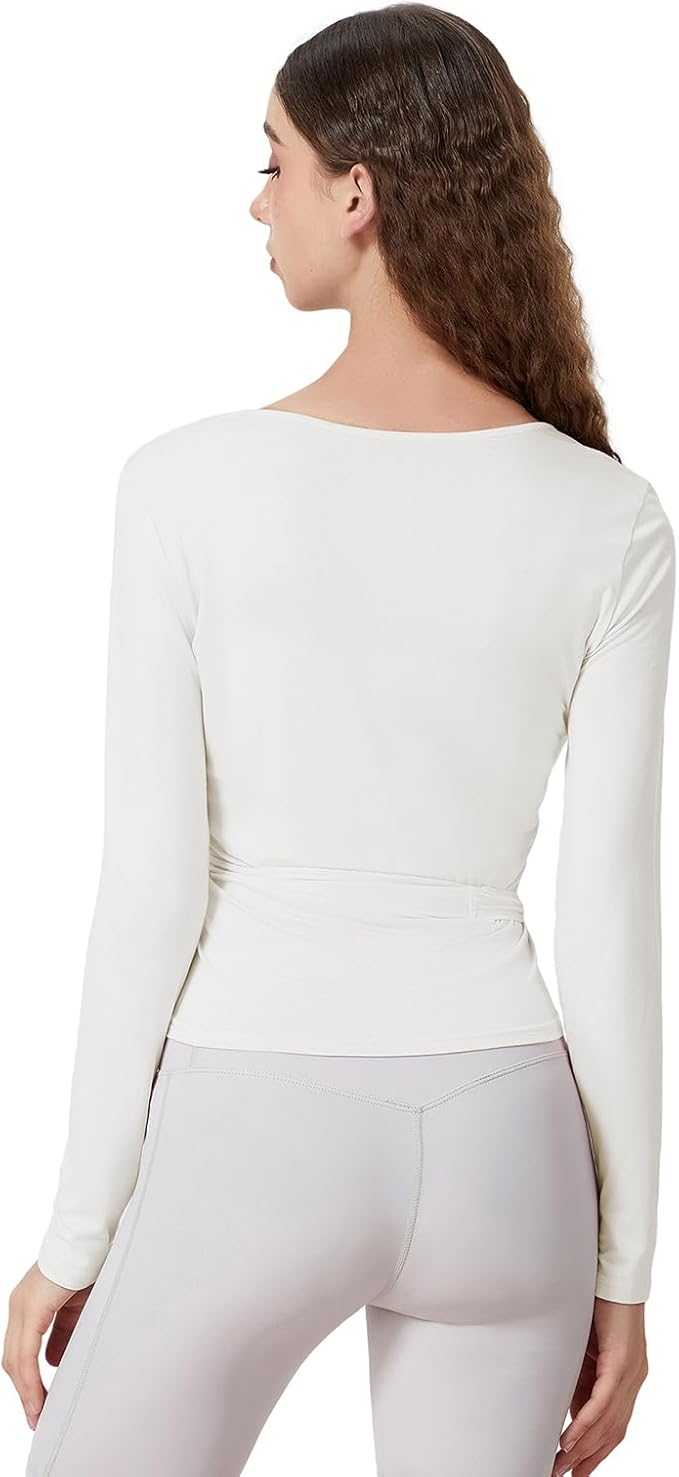 Women Ballet Wrap Top Long Sleeve Self Tie Dance Shirt Pilates Yoga Tops Y2k Workout Active Blouses