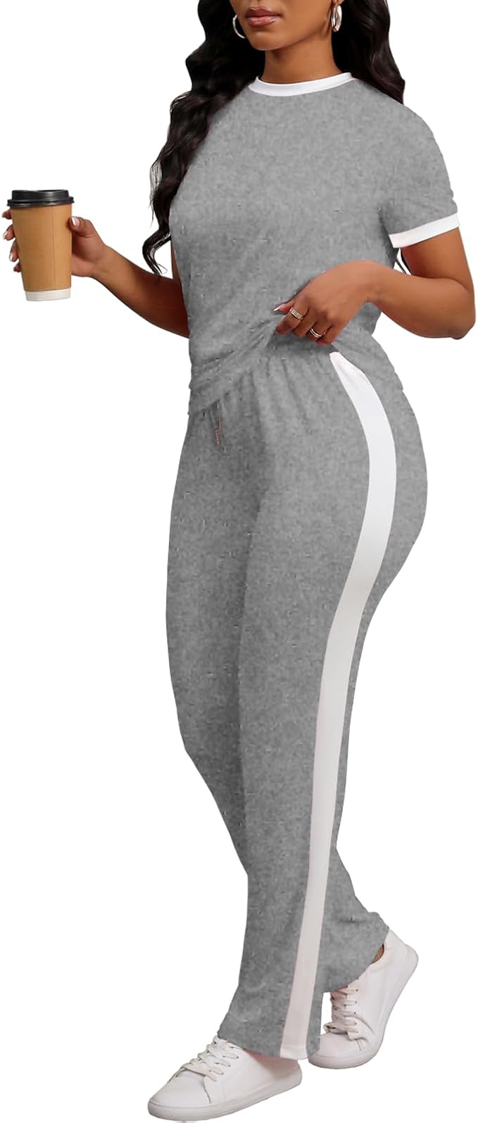 PINSV Women's 2 Piece Outfits Short Sleeve Tops Sweatpants Colorblock Bodycon Lounge Sets Tracksuit