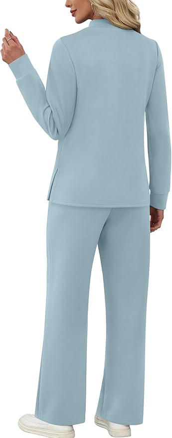 WIHOLL Two Piece Sets for Women Spring Travel Vacation Outfits 2026 Long Sleeve Lounge Sets Side Slit Wide Leg Pants S-3XL
