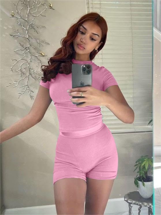 AYWA Two Piece Outfits for Women Fitted Crew Neck T-shirt High Waist Leggings Biker Shorts Matching Sets Streetwear