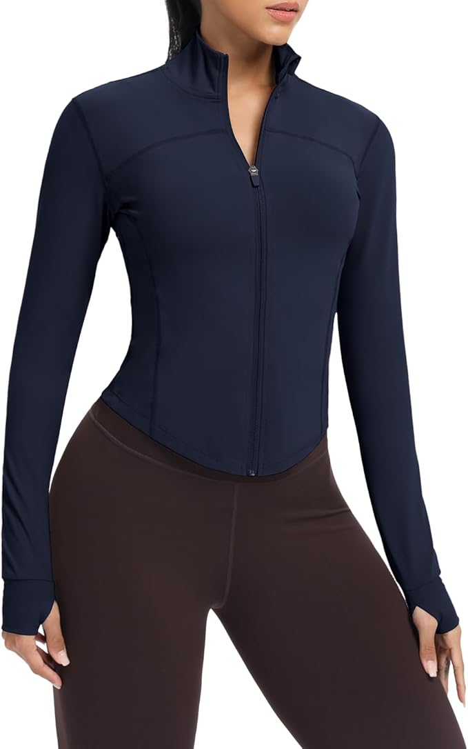 AVGO Women's Cropped Running Workout Jackets Zip Slim Fit Athletic Tops with Thumb Holes