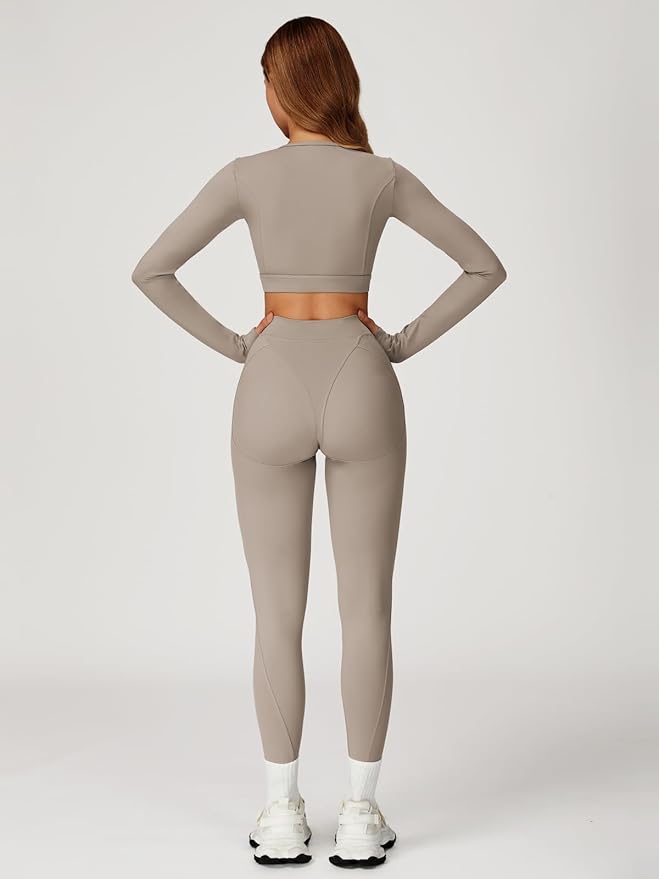 Women’s 2 Piece Workout Set Long Sleeve Crop Top & High Waist Leggings | Stretch Activewear for Gym & Yoga