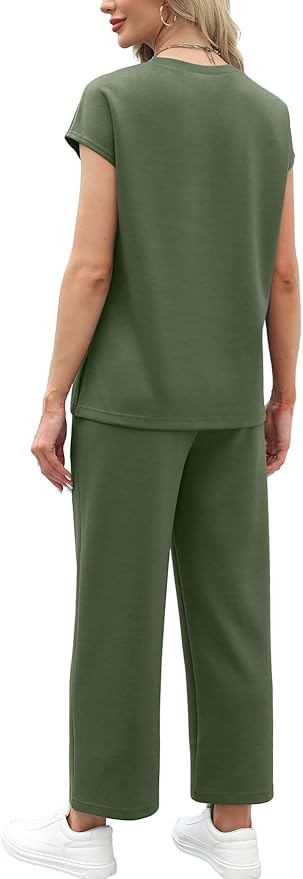 WIHOLL Two Piece Sets for Women Summer Spring Travel Vacation Outfits Cap Sleeve Lounge Matching Sets Wide Leg Pants S-3XL