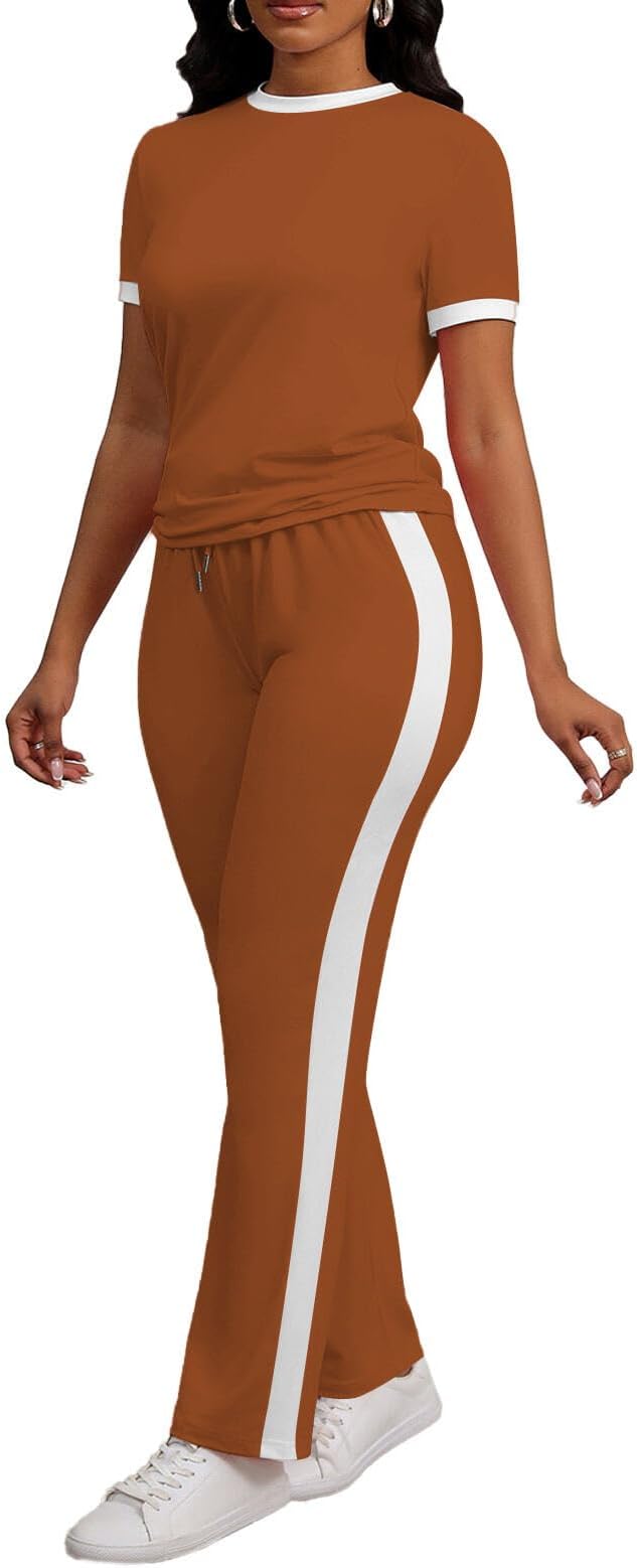 PINSV Women's 2 Piece Outfits Short Sleeve Tops Sweatpants Colorblock Bodycon Lounge Sets Tracksuit