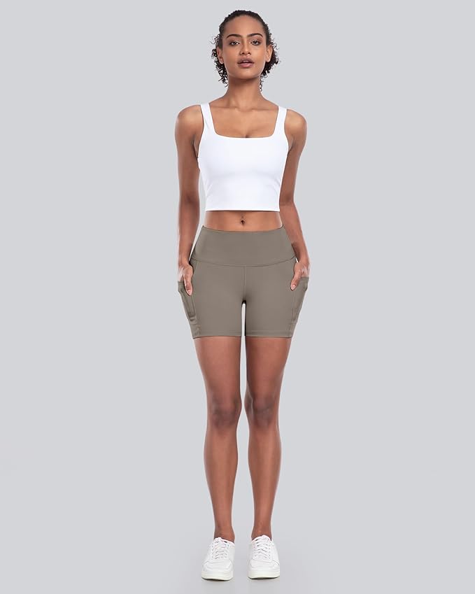 CHRLEISURE Womens Biker Yoga Shorts with Pocket, High Waisted Tummy Control 5 Inch Workout Spandex Athletic Gym Shorts