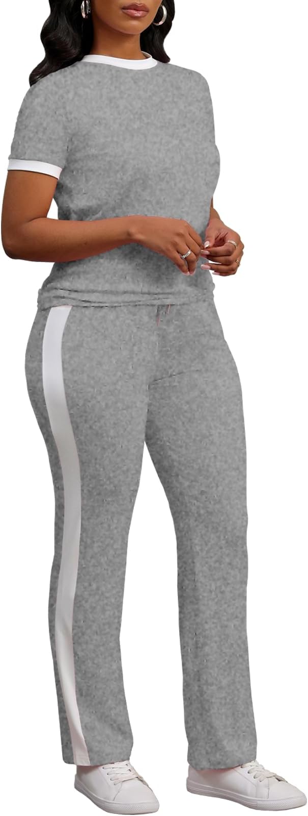 PINSV Women's 2 Piece Outfits Short Sleeve Tops Sweatpants Colorblock Bodycon Lounge Sets Tracksuit