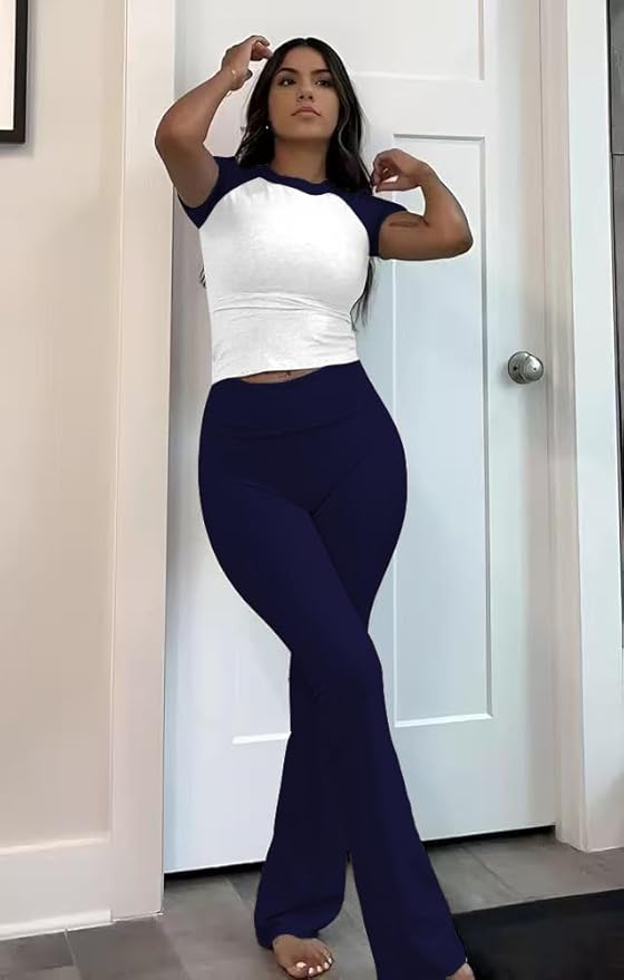 ZFLM Casual Workout Two Piece Outfits for Women Short Sleeve Crop High Waist Foldover Flare Pants Tracksuit Sets Streetwear