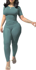 PINSV 2 Piece Sets for Women Summer Casual Jogger Workout Outfits Fitted Crew Neck T-shirt High Waist Legging Sets