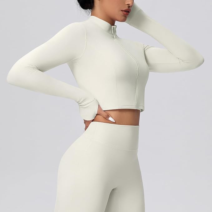 Yknktstc Womens Full Zip Athletic Jacket with Thumbhole Long Sleeve Crop Top Running Workout Yoga Sportswear Shirt