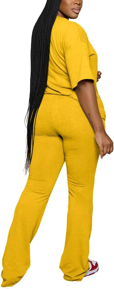 PINSV Women 2 Piece Outfits Short Sleeve Top and Flare Pants Lounge Sets Tracksuit