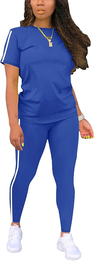 Women's 2 Piece Outfits Sweatsuit Summer Workout Striped Short Sleeve Long Sweatpants Casual Jogging Lounge Set