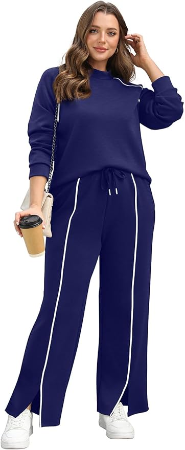 WIHOLL Lounge Sets for Women 2 Piece Fall Outfits 2025 Wide Leg Pant Matching Sets Womens Clothing