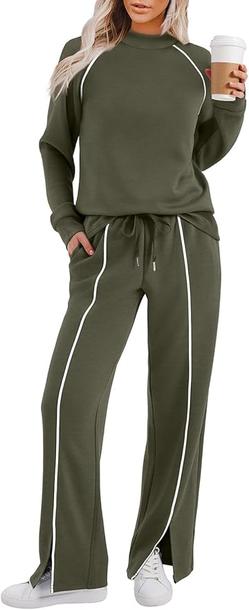 WIHOLL Lounge Sets for Women 2 Piece Fall Outfits 2025 Wide Leg Pant Matching Sets Womens Clothing