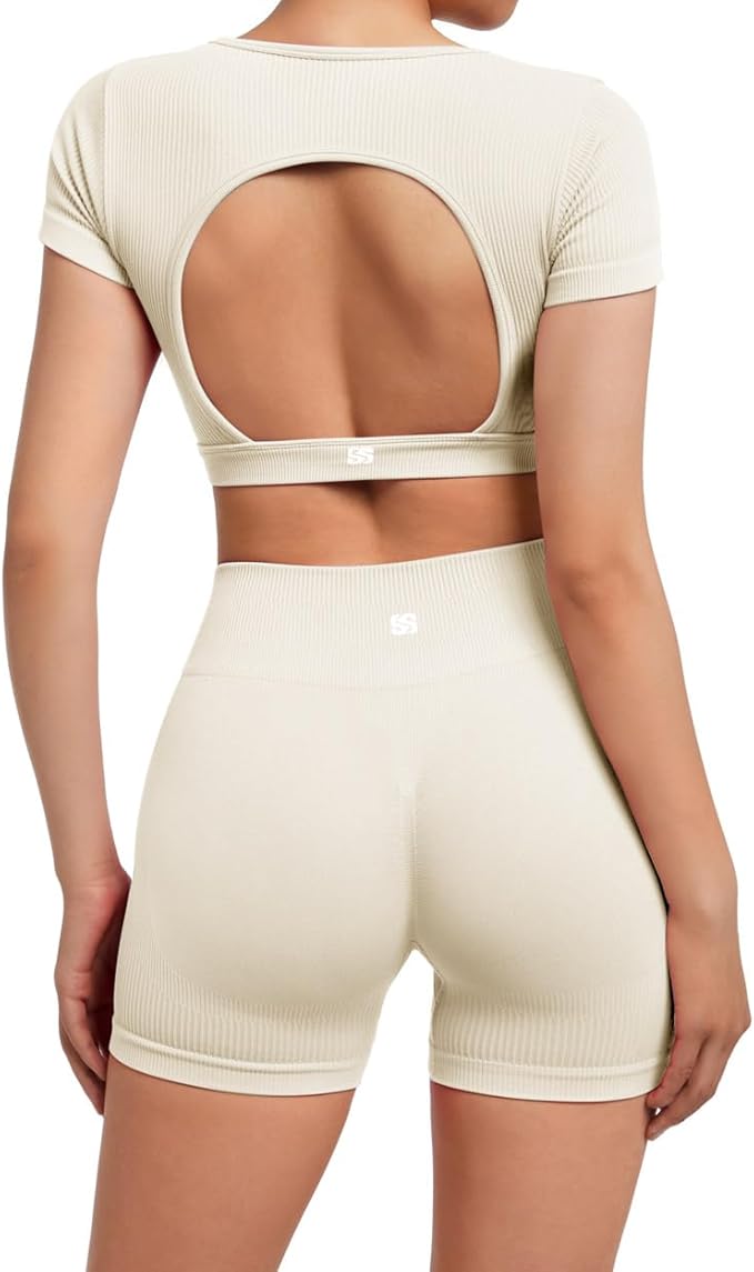 SUUKSESS Womens Workout Sets Open Back Gym Sets Woman Yoga Pilates Crop Tank High Waisted Bike Shorts