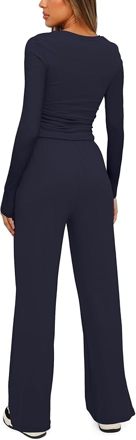 Darong Women's 2 Piece Outfits Lounge Sets 2026 Long Sleeve Tops Wide Leg Pants Casual Matching Set