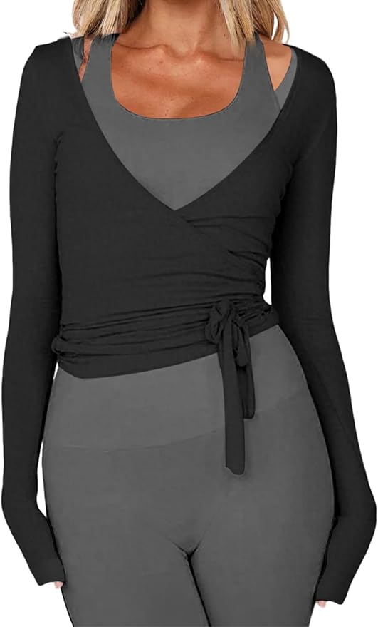 Women Pilates Wrap Top Ballet Tie Workout Shirt Long Sleeve Cross Sexy Deep V Neck Yoga Coquette Blouses Y2k Active Gym