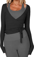 Women Pilates Wrap Top Ballet Tie Workout Shirt Long Sleeve Cross Sexy Deep V Neck Yoga Coquette Blouses Y2k Active Gym