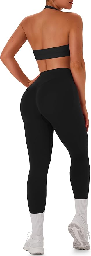 TDIFFUN Women Workout Sets 2 Piece Seamless Scrunch Butt Leggings Padded Halter Sports Bra Matching Set Gym Yoga Outfits