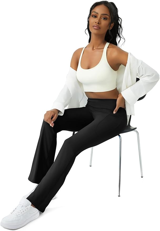COPYLEAF Womens Yoga Pants with Pockets High Waisted Flare Leggings Bell Bottom Yoga Dress Pants Seamless Bootcut Pants