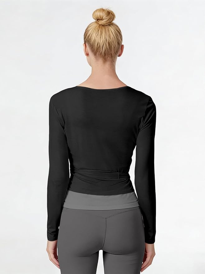 Women Pilates Wrap Top Ballet Tie Workout Shirt Long Sleeve Cross Sexy Deep V Neck Yoga Coquette Blouses Y2k Active Gym