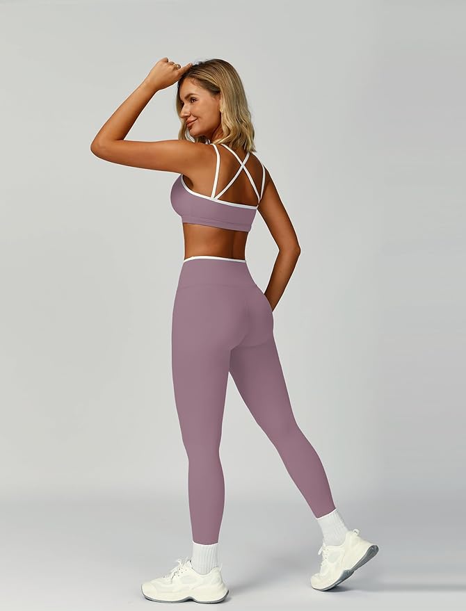 ABOCIW Two Piece Workout Sets for Women Color Block Strappy Sports Bra High Waist Leggings Yoga Pilates Outfits
