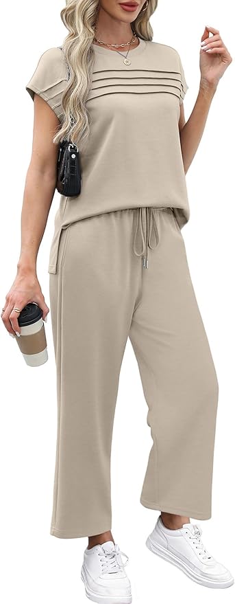 WIHOLL Two Piece Sets for Women Summer Spring Travel Vacation Outfits Cap Sleeve Lounge Matching Sets Wide Leg Pants S-3XL