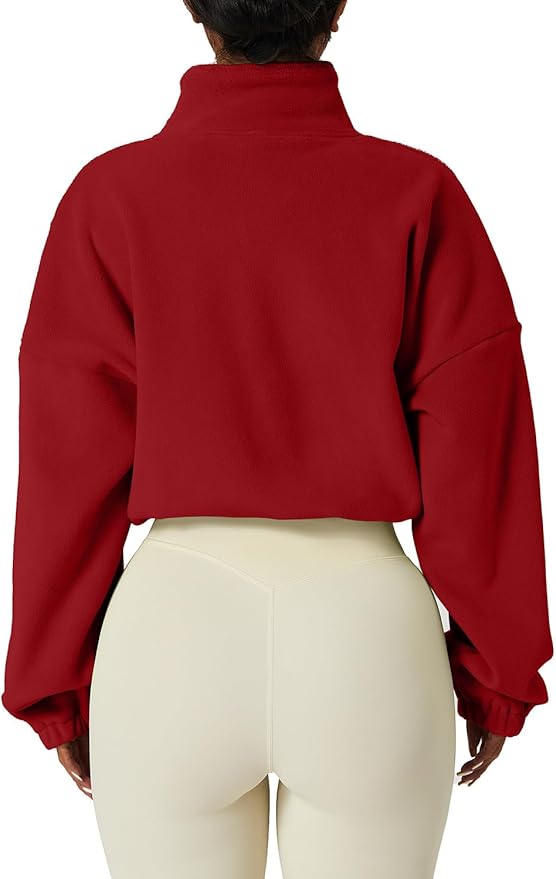 QINSEN Women's Full Zip Fleece Short Jacket Warm Winter Long Sleeve Stand Collar Sherpa Crop Coat