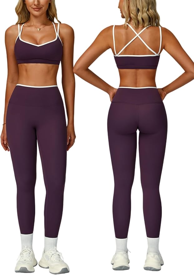 ABOCIW Two Piece Workout Sets for Women Color Block Strappy Sports Bra High Waist Leggings Yoga Pilates Outfits