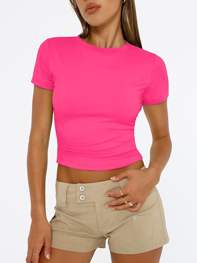 Trendy Queen Womens Short Sleeve T Shirts - Buttery Soft Summer Crop Tops Slim Fit Y2k Basic Tees for Workout