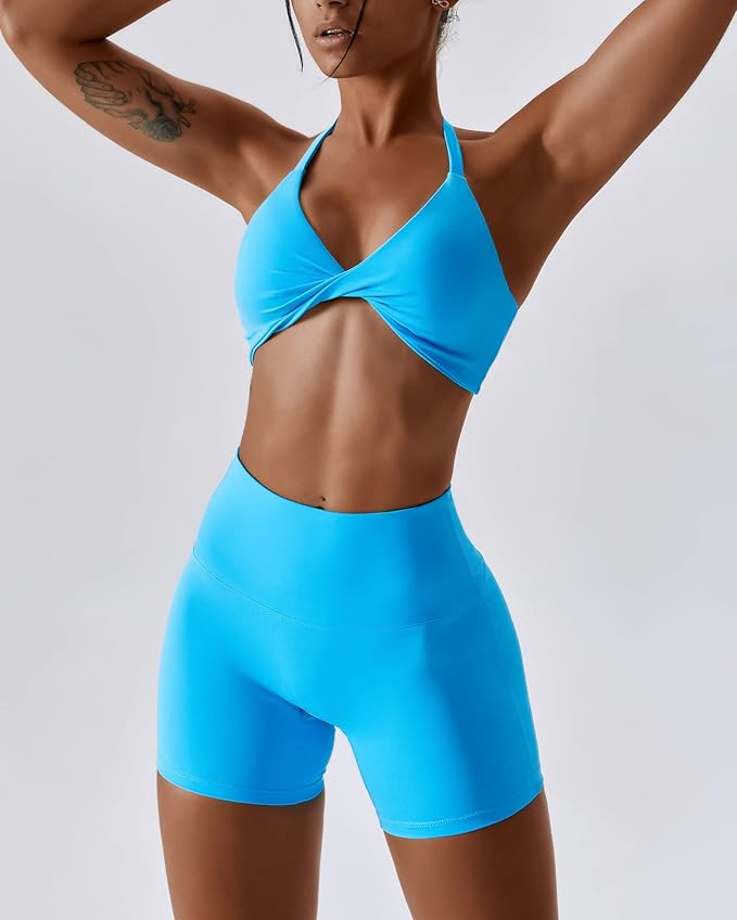 ABOCIW Workout Sets for Women 2 Piece Twist Front Halter Sports Bras High Waist Biker Shorts Exercise Gym Yoga Outfit