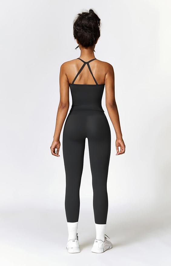 QBGJTD Womens Workout Sets Two Piece Cross Back Tank Top Matching High Waist Leggings Sets Gym Outfits Work Out Clothes