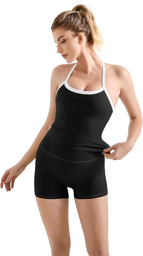 SUUKSESS Women 2 Piece Workout Sets High Waisted Tummy Control Biker Shorts Halter Padded Tank Tops