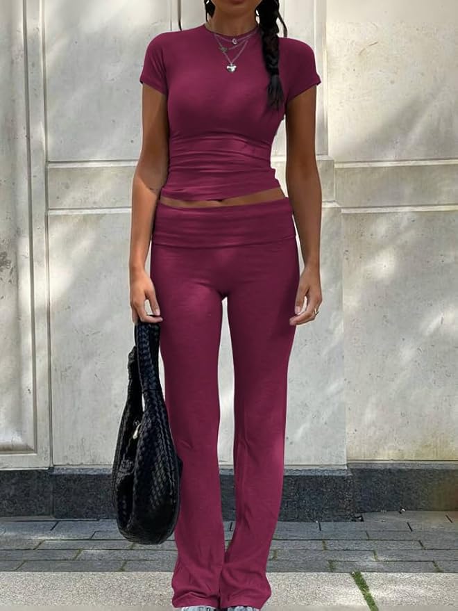 YETOWA Women's 2 Piece Lounge Outfits Slim Short Sleeve Tops Low Rise Flare Leggings Sets Yoga Sweatsuit